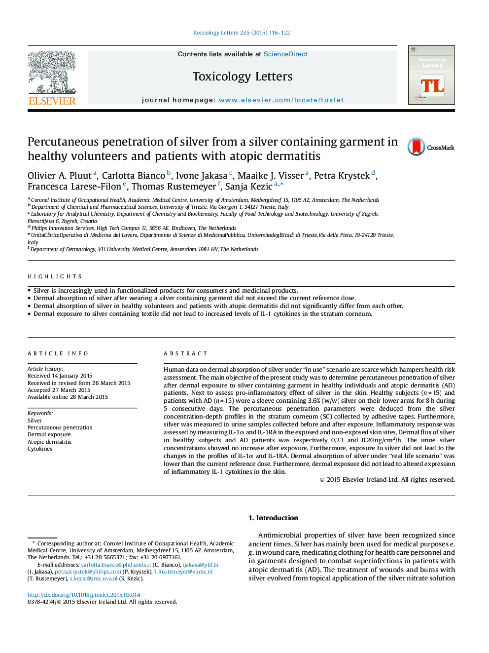 Percutaneous penetration of silver from a silver containing garment in healthy volunteers and patients with atopic dermatitis