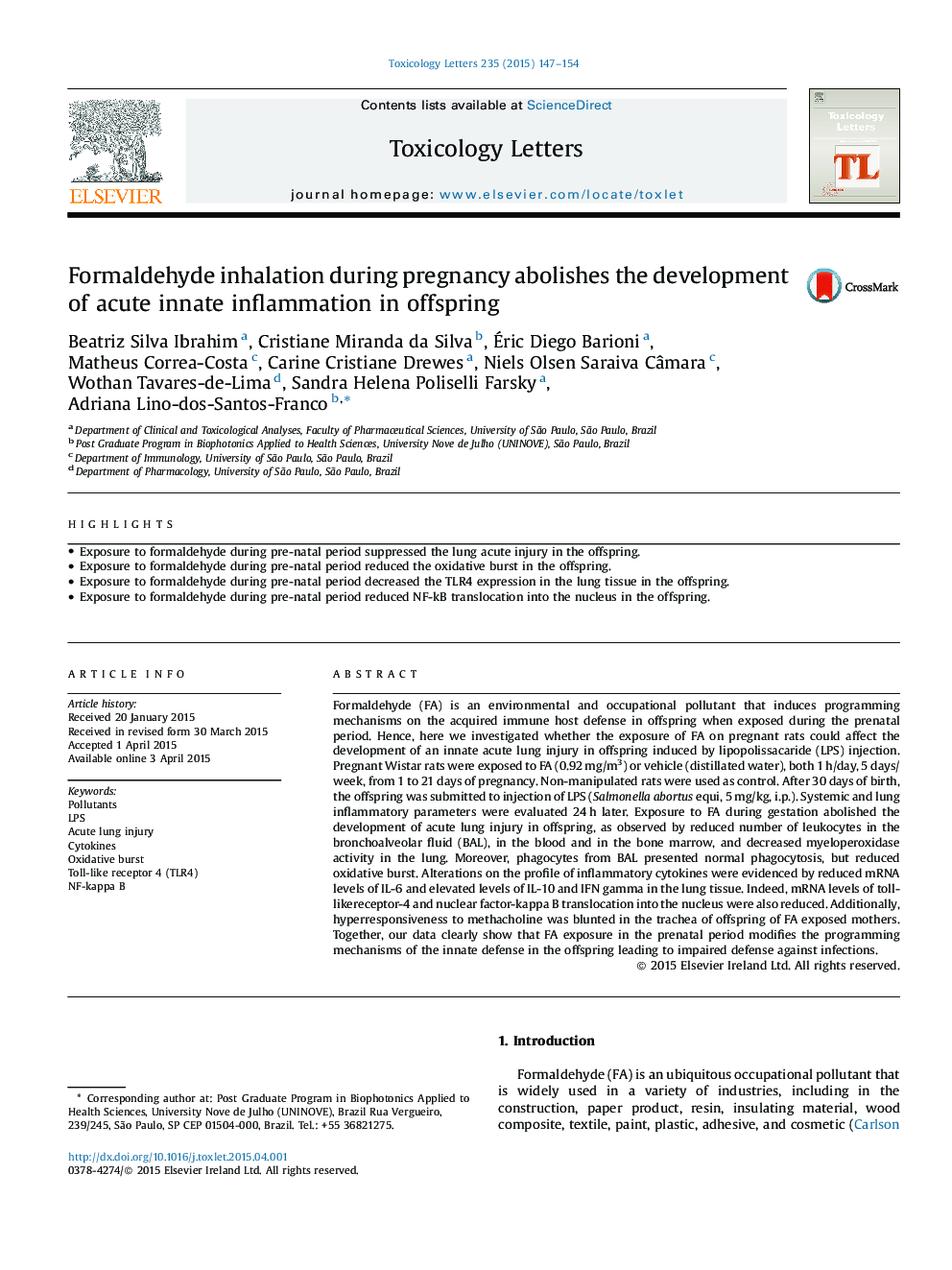 Formaldehyde inhalation during pregnancy abolishes the development of acute innate inflammation in offspring