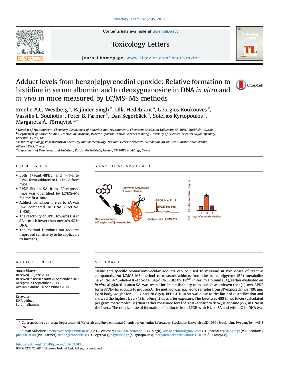 Adduct levels from benzo[a]pyrenediol epoxide: Relative formation to histidine in serum albumin and to deoxyguanosine in DNA in vitro and in vivo in mice measured by LC/MS-MS methods