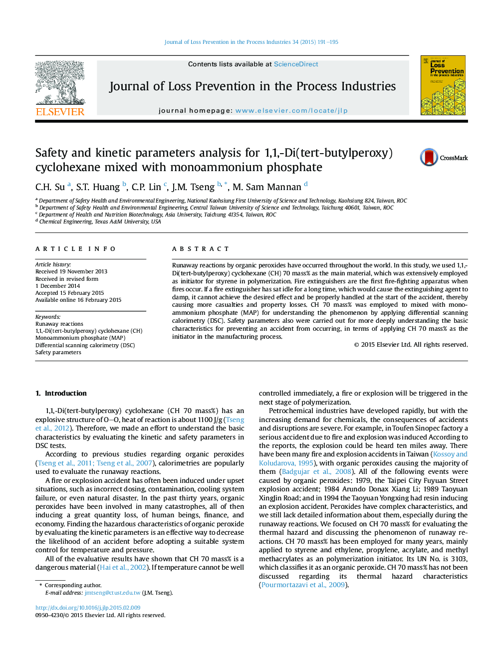 Safety and kinetic parameters analysis for 1,1,-Di(tert-butylperoxy) cyclohexane mixed with monoammonium phosphate