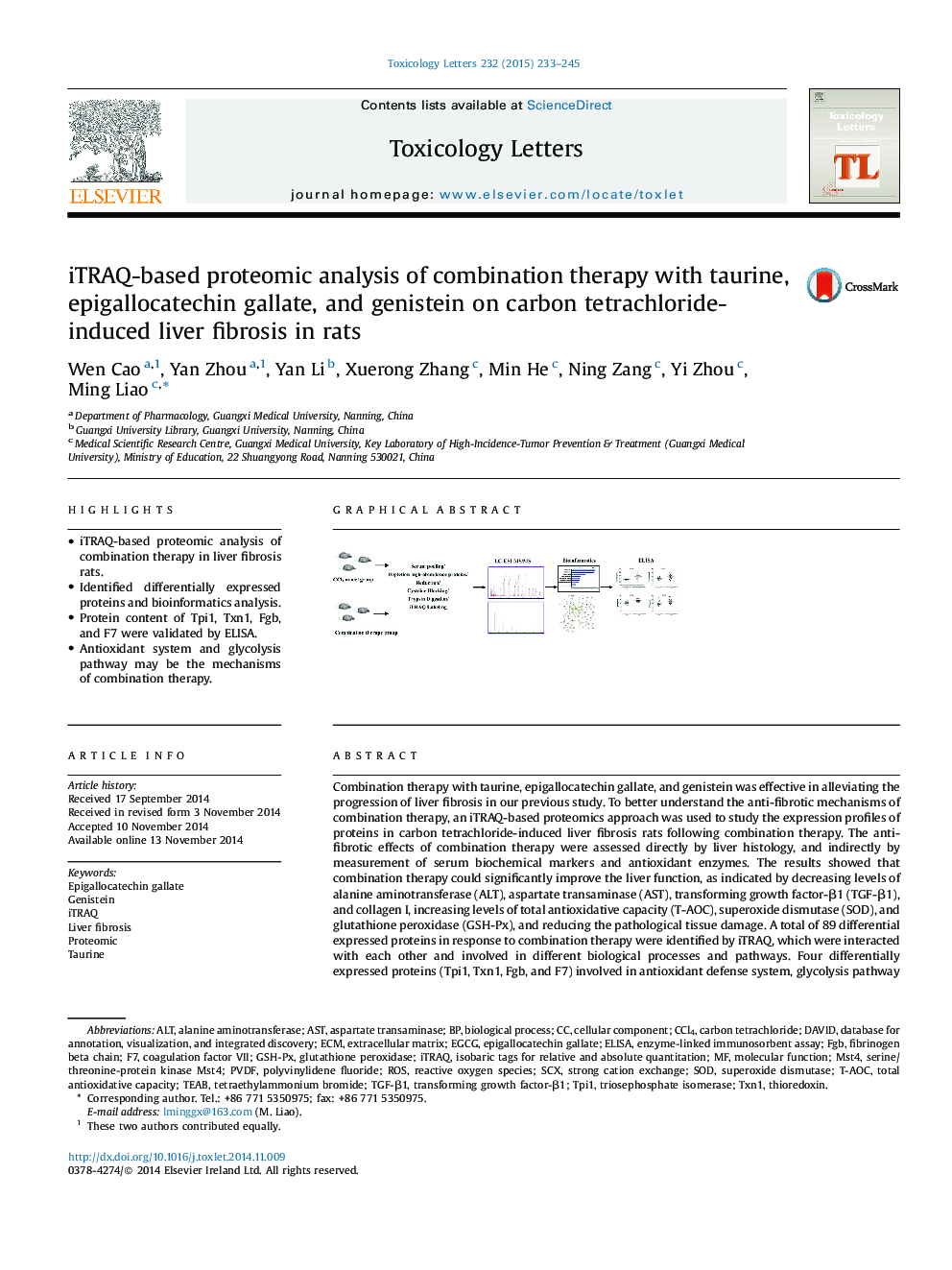 iTRAQ-based proteomic analysis of combination therapy with taurine, epigallocatechin gallate, and genistein on carbon tetrachloride-induced liver fibrosis in rats