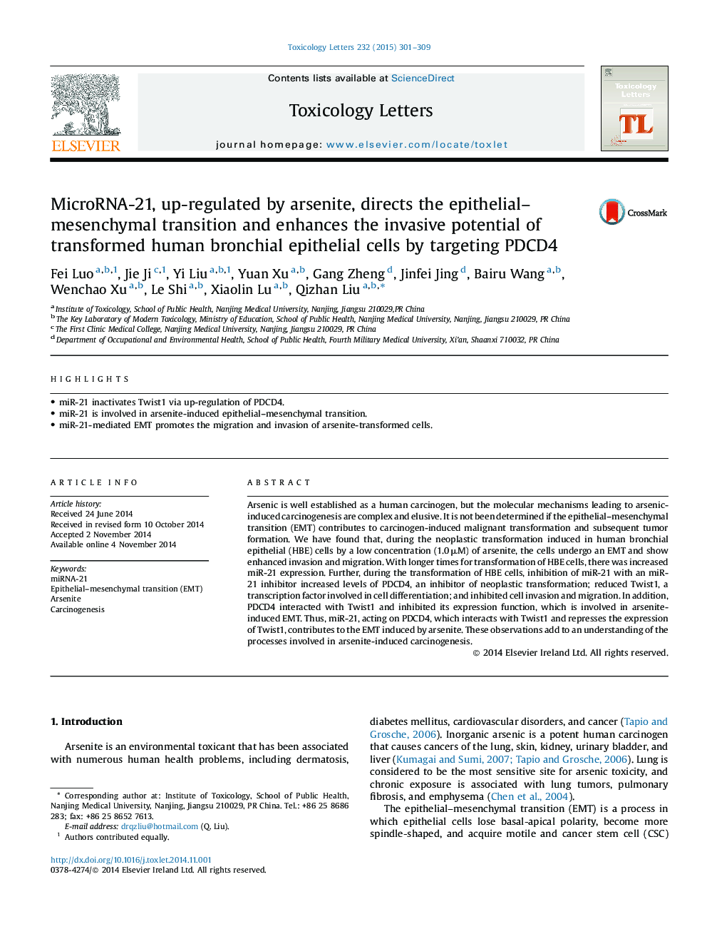 MicroRNA-21, up-regulated by arsenite, directs the epithelial-mesenchymal transition and enhances the invasive potential of transformed human bronchial epithelial cells by targeting PDCD4