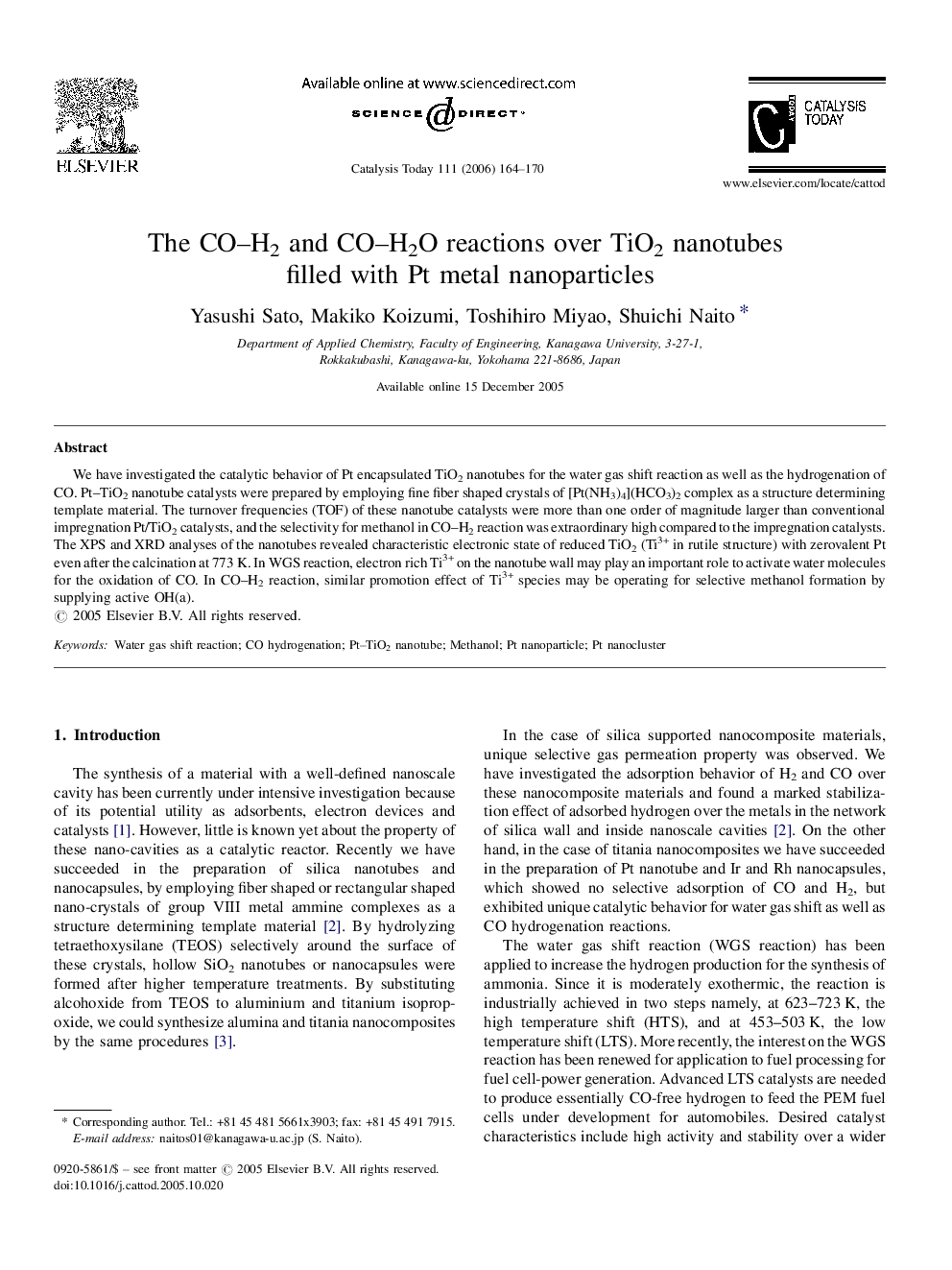 The CO–H2 and CO–H2O reactions over TiO2 nanotubes filled with Pt metal nanoparticles