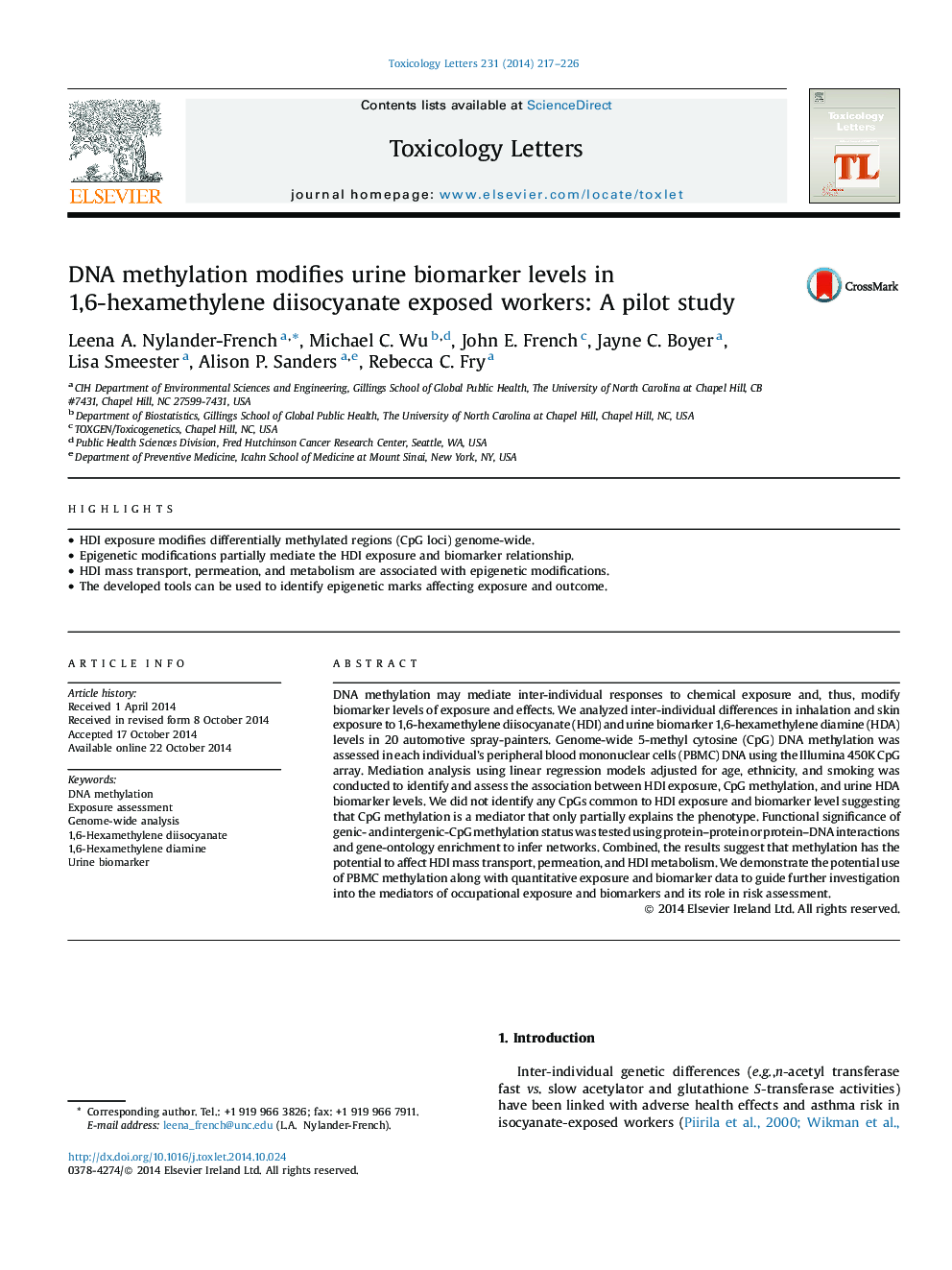 DNA methylation modifies urine biomarker levels in 1,6-hexamethylene diisocyanate exposed workers: A pilot study