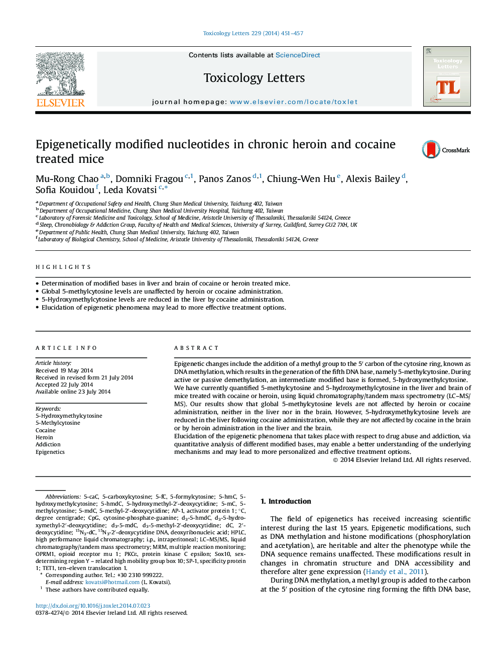 Epigenetically modified nucleotides in chronic heroin and cocaine treated mice