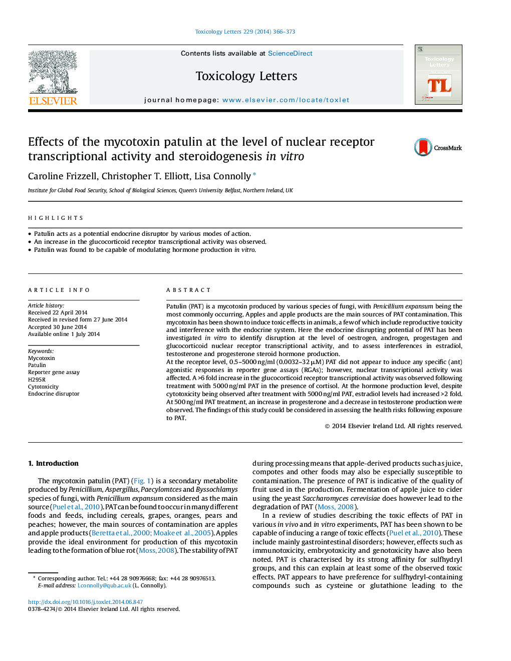 Effects of the mycotoxin patulin at the level of nuclear receptor transcriptional activity and steroidogenesis in vitro