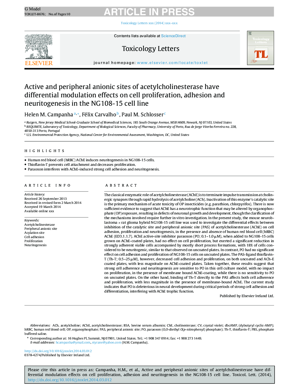 Active and peripheral anionic sites of acetylcholinesterase have differential modulation effects on cell proliferation, adhesion and neuritogenesis in the NG108-15 cell line