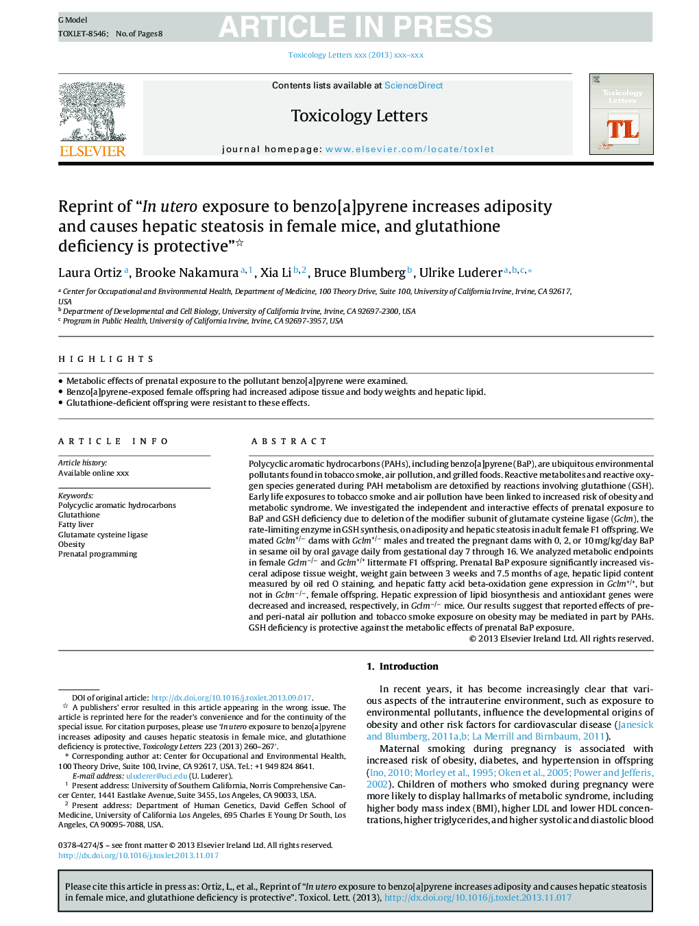 Reprint of “In utero exposure to benzo[a]pyrene increases adiposity and causes hepatic steatosis in female mice, and glutathione deficiency is protective”