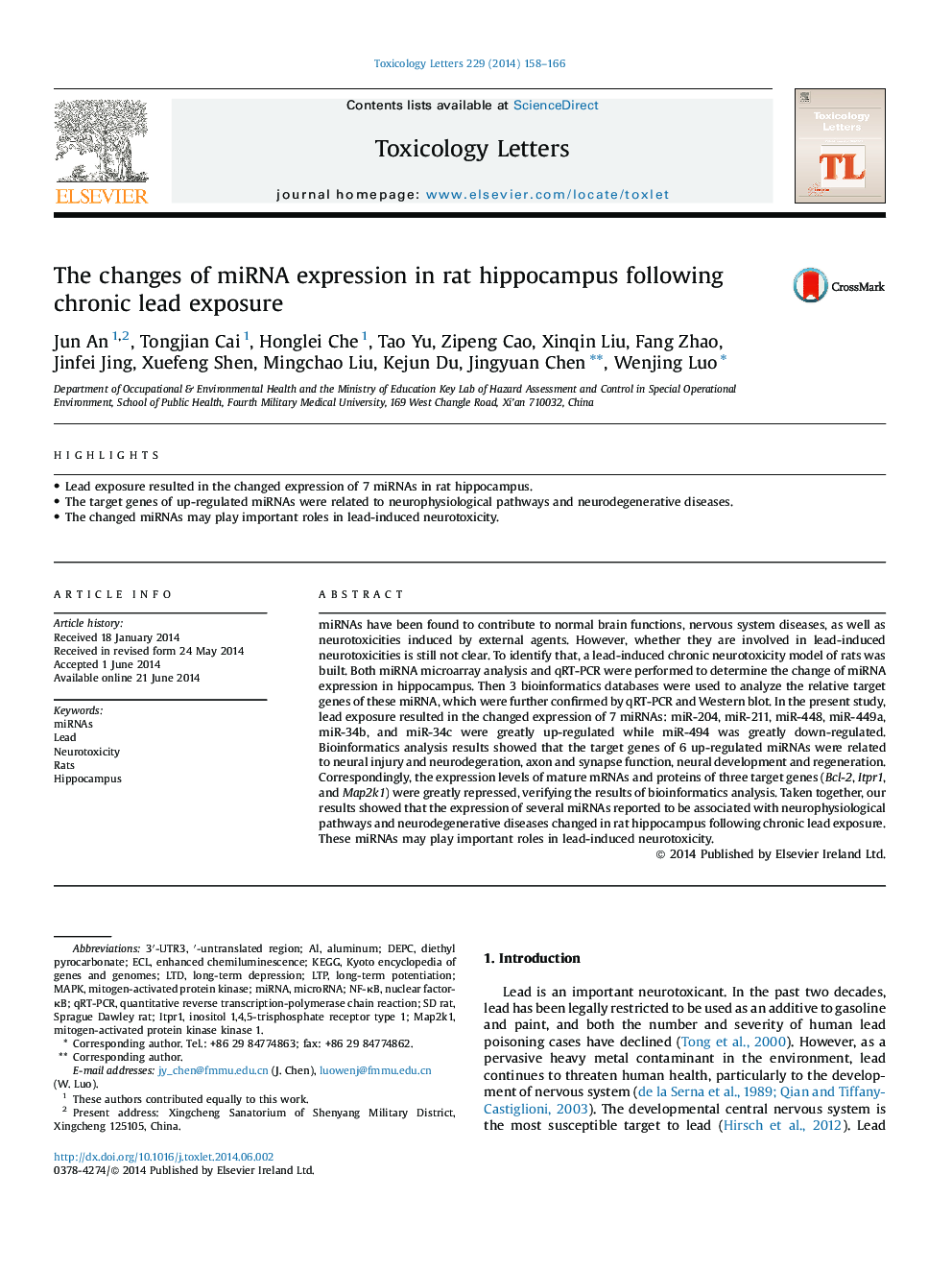 The changes of miRNA expression in rat hippocampus following chronic lead exposure