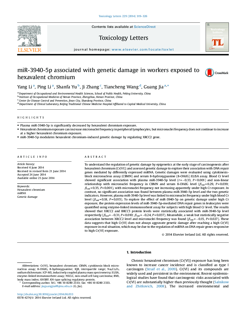 miR-3940-5p associated with genetic damage in workers exposed to hexavalent chromium