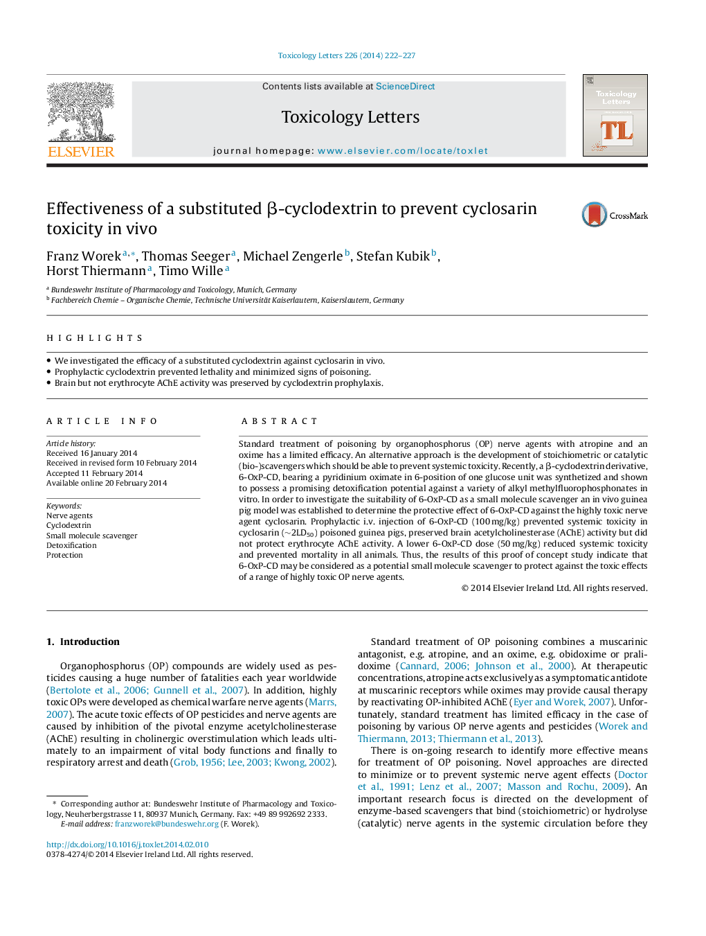 Effectiveness of a substituted Î²-cyclodextrin to prevent cyclosarin toxicity in vivo