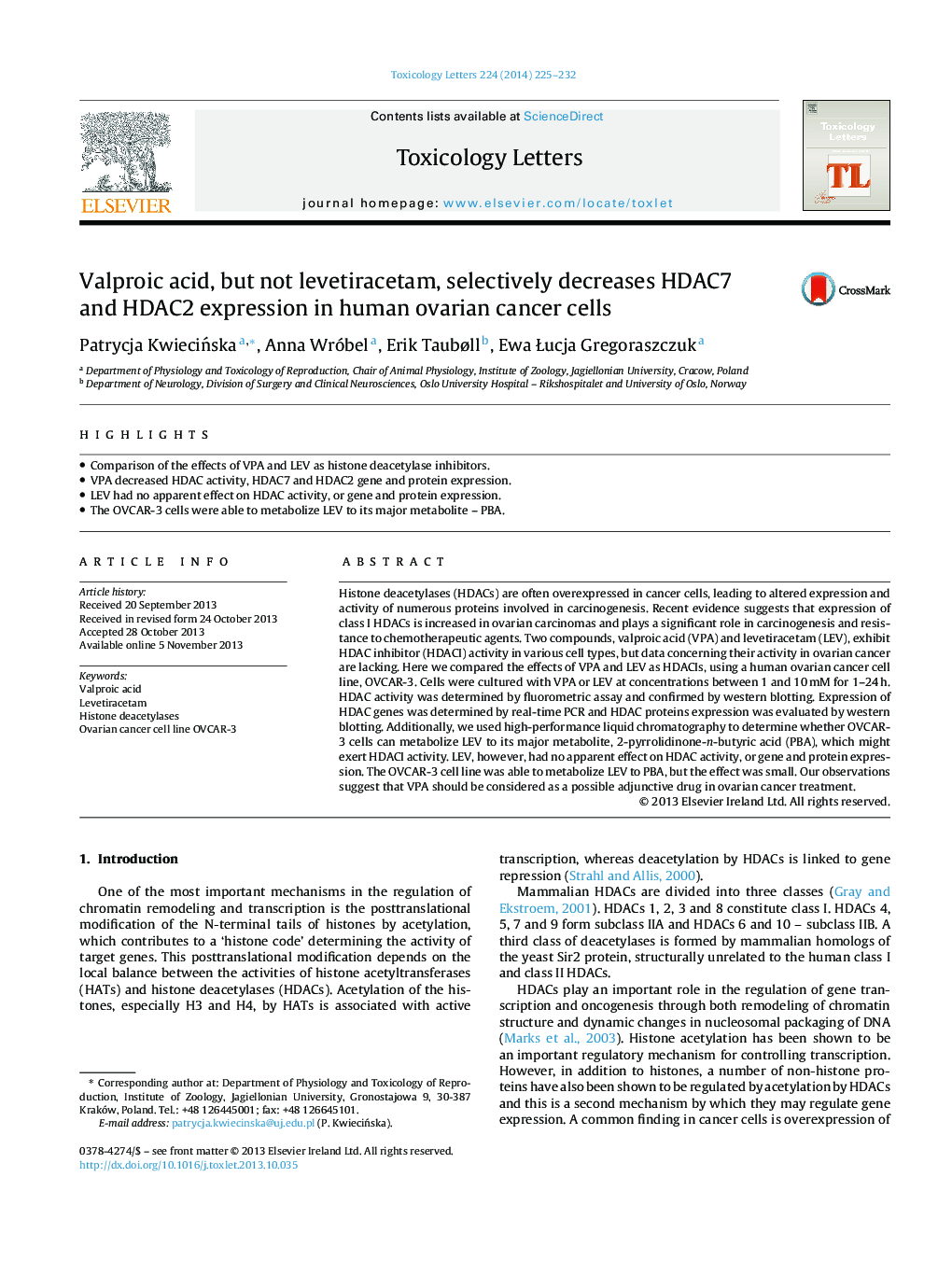 Valproic acid, but not levetiracetam, selectively decreases HDAC7 and HDAC2 expression in human ovarian cancer cells