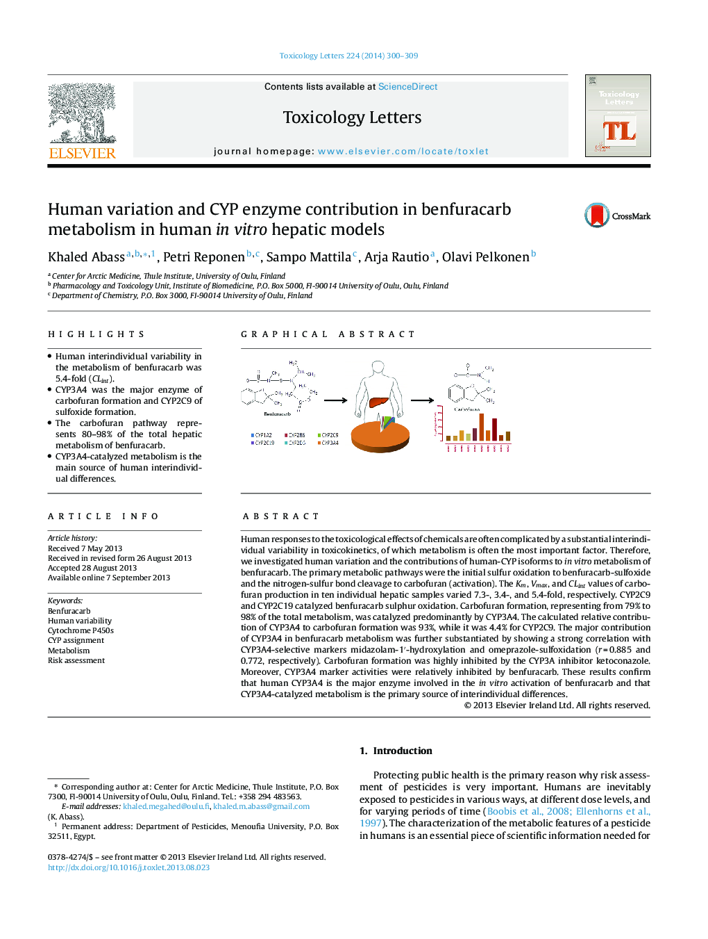 Human variation and CYP enzyme contribution in benfuracarb metabolism in human in vitro hepatic models