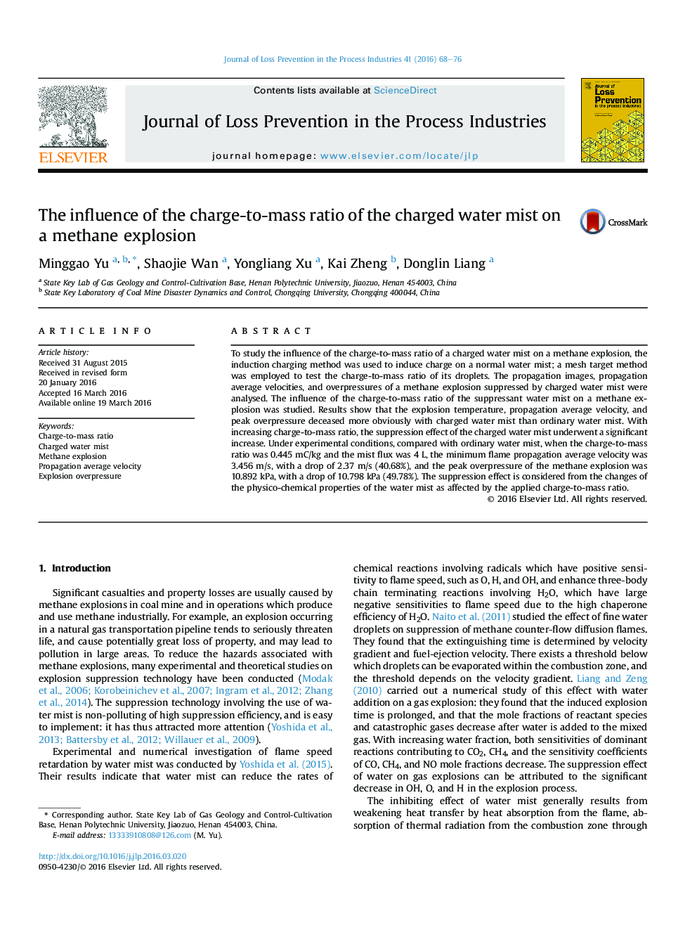 The influence of the charge-to-mass ratio of the charged water mist on a methane explosion