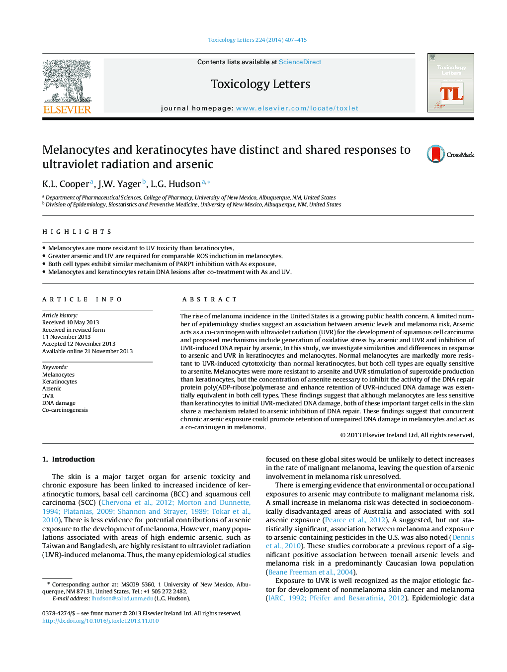 Melanocytes and keratinocytes have distinct and shared responses to ultraviolet radiation and arsenic