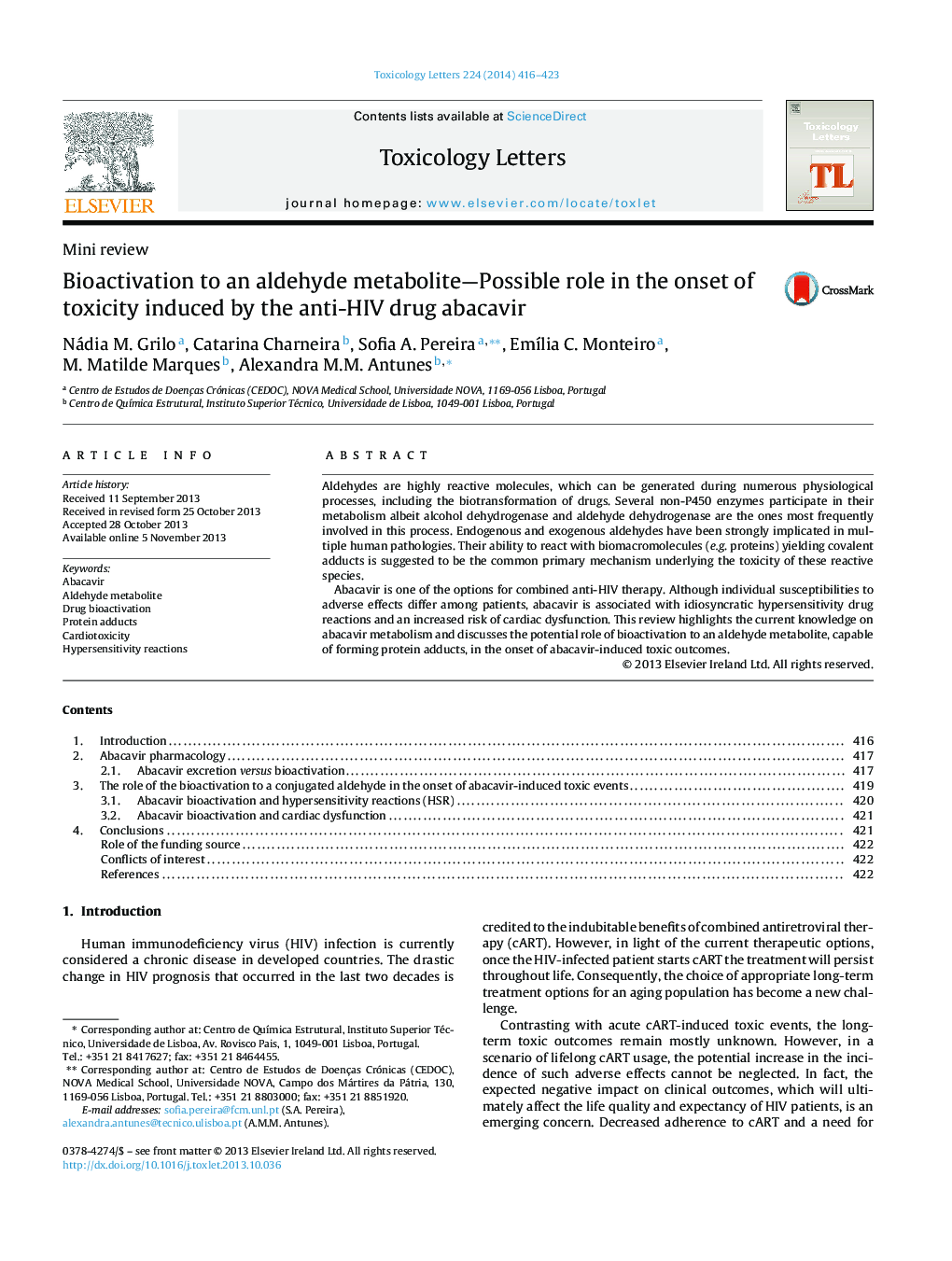 Bioactivation to an aldehyde metabolite-Possible role in the onset of toxicity induced by the anti-HIV drug abacavir