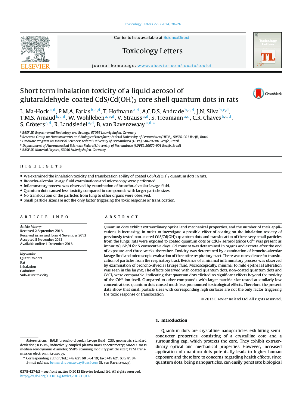 Short term inhalation toxicity of a liquid aerosol of glutaraldehyde-coated CdS/Cd(OH)2 core shell quantum dots in rats