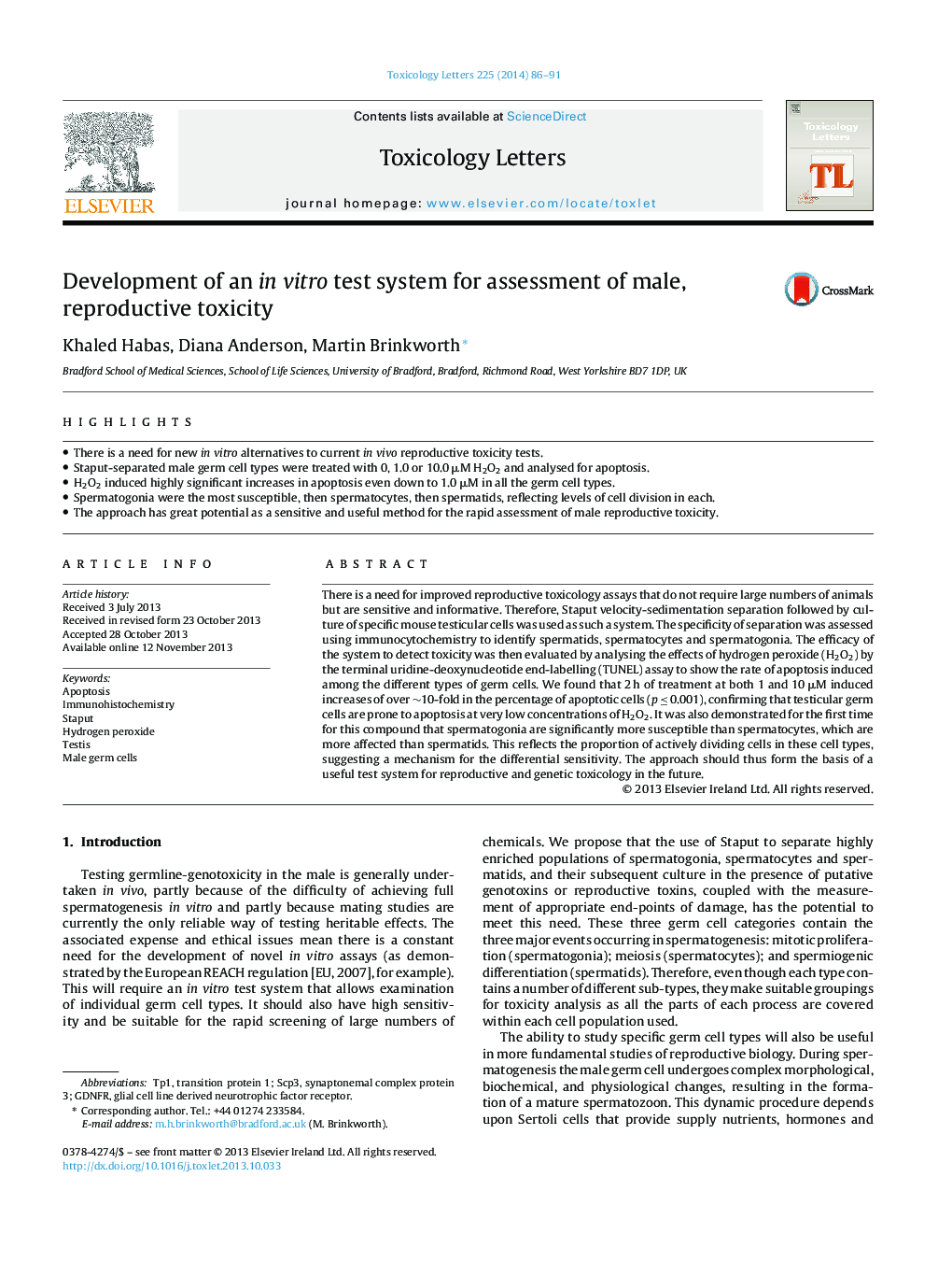 Development of an in vitro test system for assessment of male, reproductive toxicity