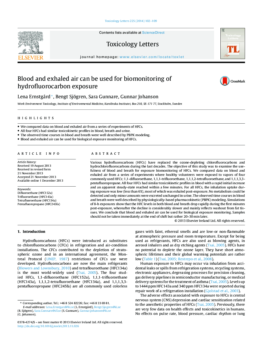 Blood and exhaled air can be used for biomonitoring of hydrofluorocarbon exposure