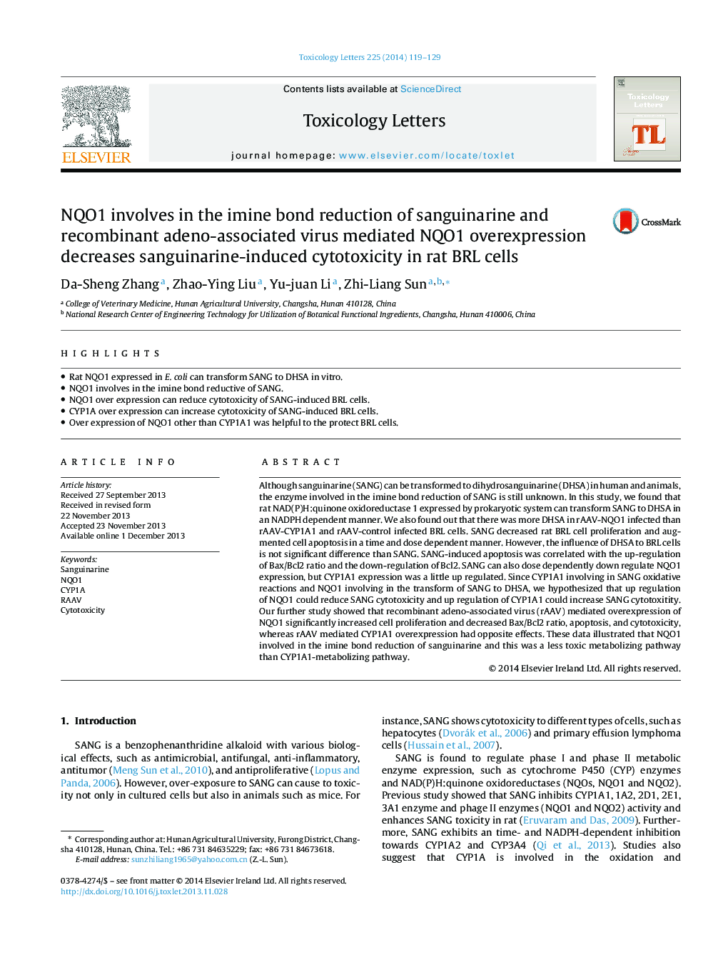 NQO1 involves in the imine bond reduction of sanguinarine and recombinant adeno-associated virus mediated NQO1 overexpression decreases sanguinarine-induced cytotoxicity in rat BRL cells