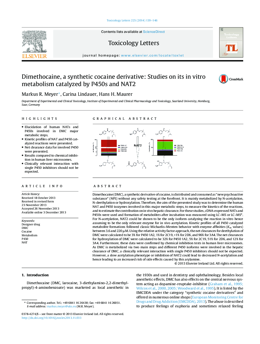 Dimethocaine, a synthetic cocaine derivative: Studies on its in vitro metabolism catalyzed by P450s and NAT2