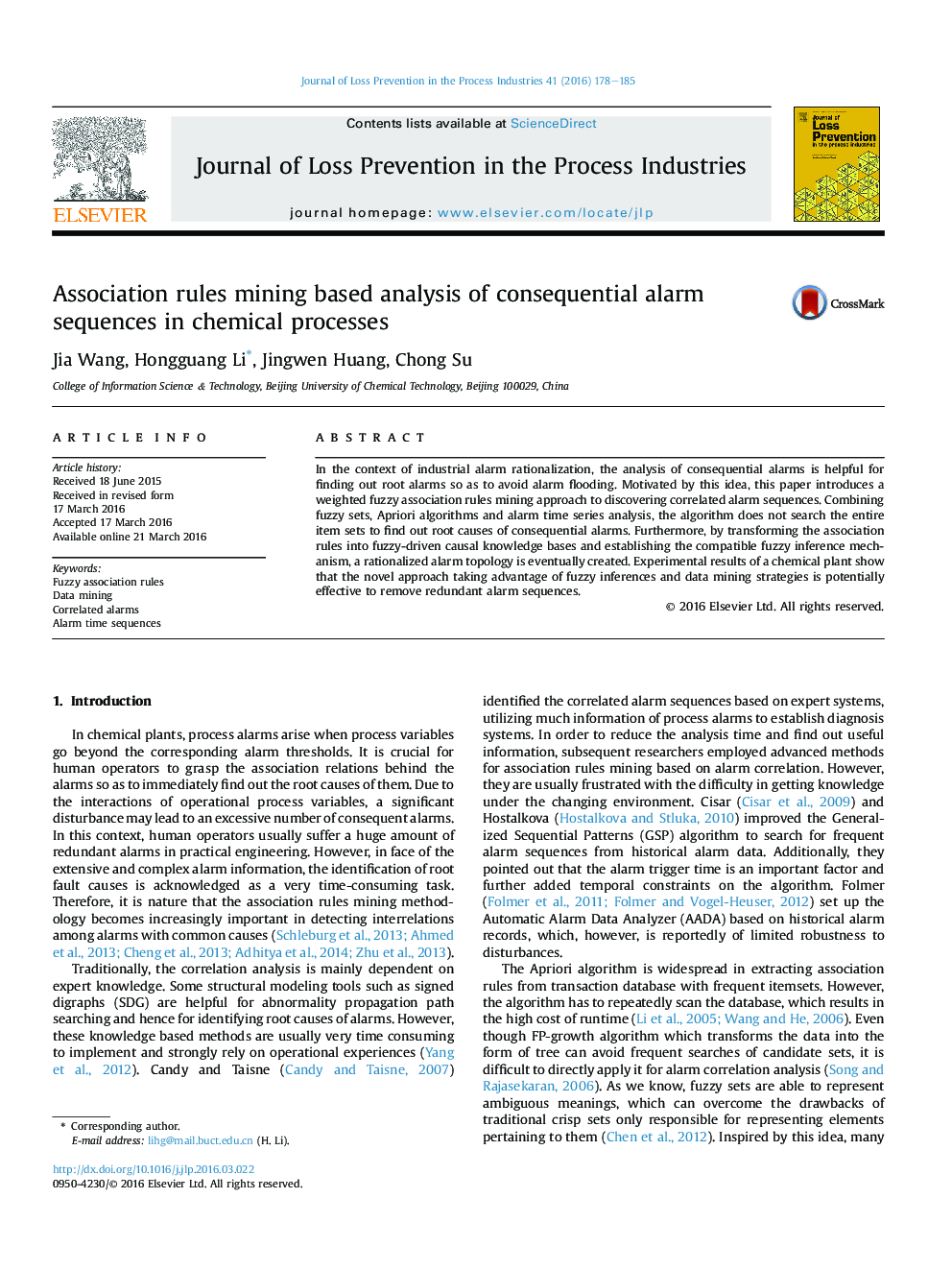 Association rules mining based analysis of consequential alarm sequences in chemical processes