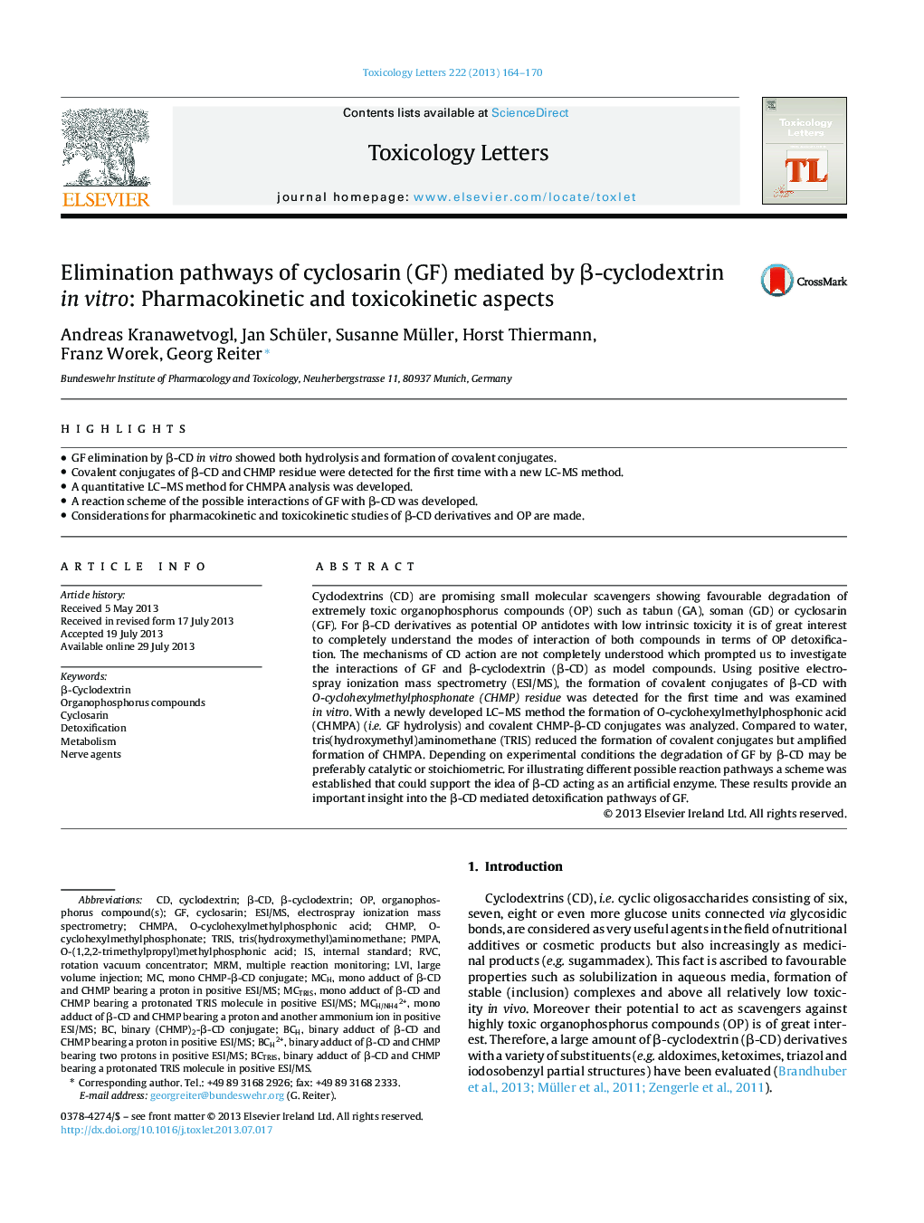 Elimination pathways of cyclosarin (GF) mediated by Î²-cyclodextrin in vitro: Pharmacokinetic and toxicokinetic aspects