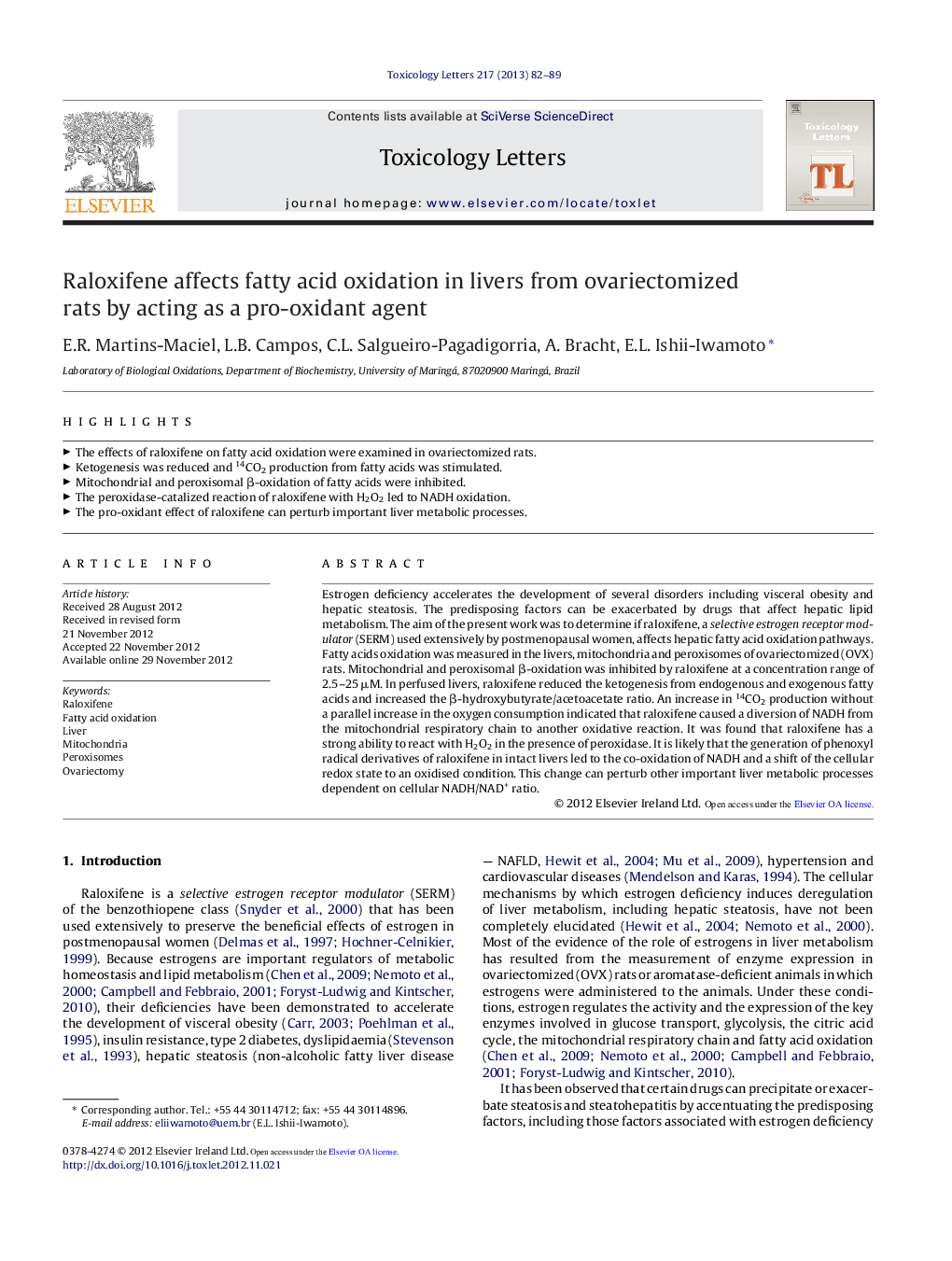 Raloxifene affects fatty acid oxidation in livers from ovariectomized rats by acting as a pro-oxidant agent