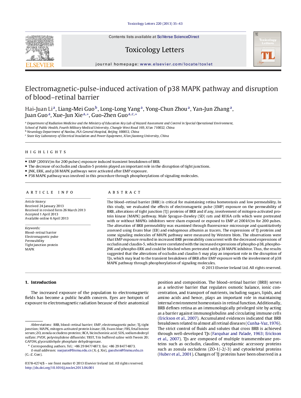 Electromagnetic-pulse-induced activation of p38 MAPK pathway and disruption of blood-retinal barrier