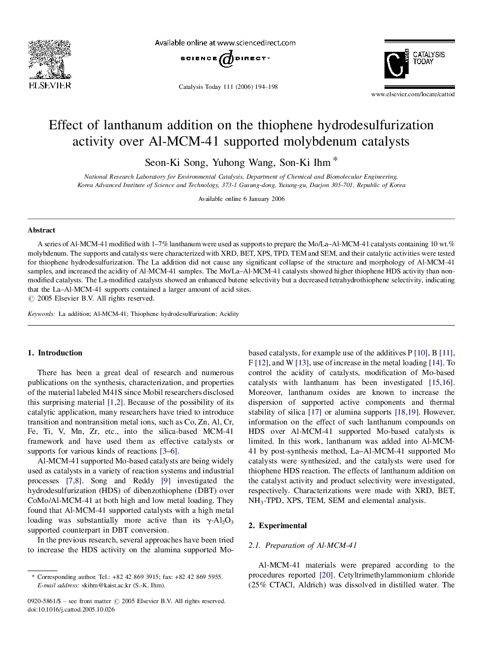 Effect of lanthanum addition on the thiophene hydrodesulfurization activity over Al-MCM-41 supported molybdenum catalysts