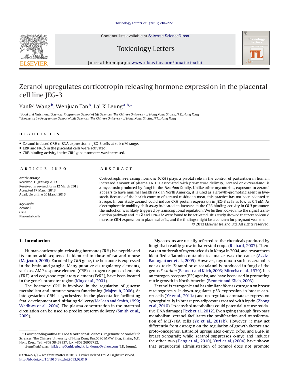 Zeranol upregulates corticotropin releasing hormone expression in the placental cell line JEG-3