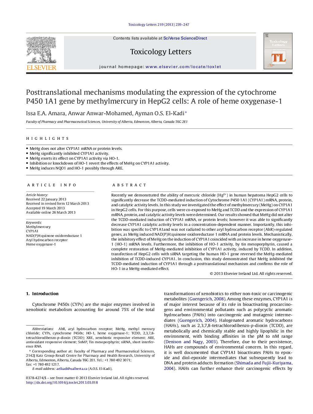 Posttranslational mechanisms modulating the expression of the cytochrome P450 1A1 gene by methylmercury in HepG2 cells: A role of heme oxygenase-1