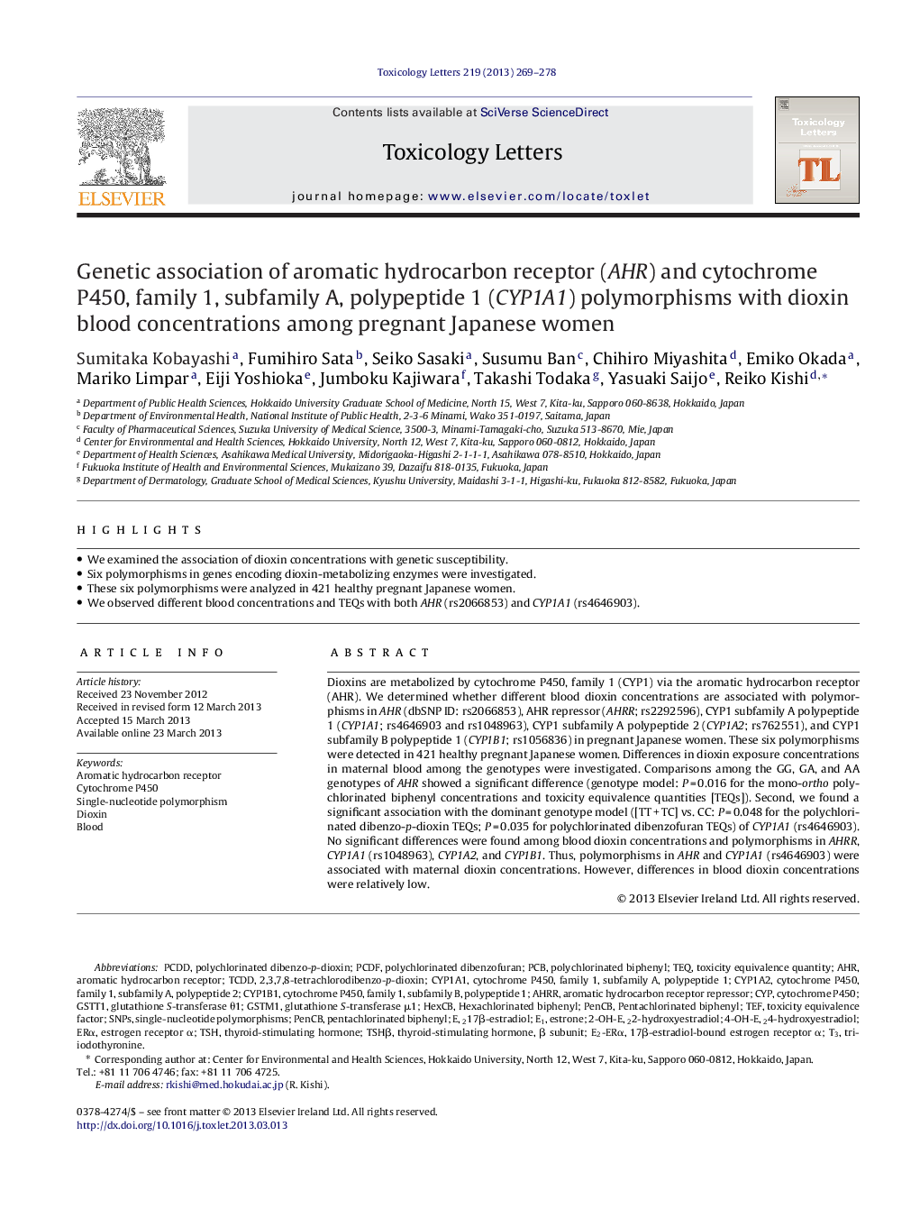 Genetic association of aromatic hydrocarbon receptor (AHR) and cytochrome P450, family 1, subfamily A, polypeptide 1 (CYP1A1) polymorphisms with dioxin blood concentrations among pregnant Japanese women