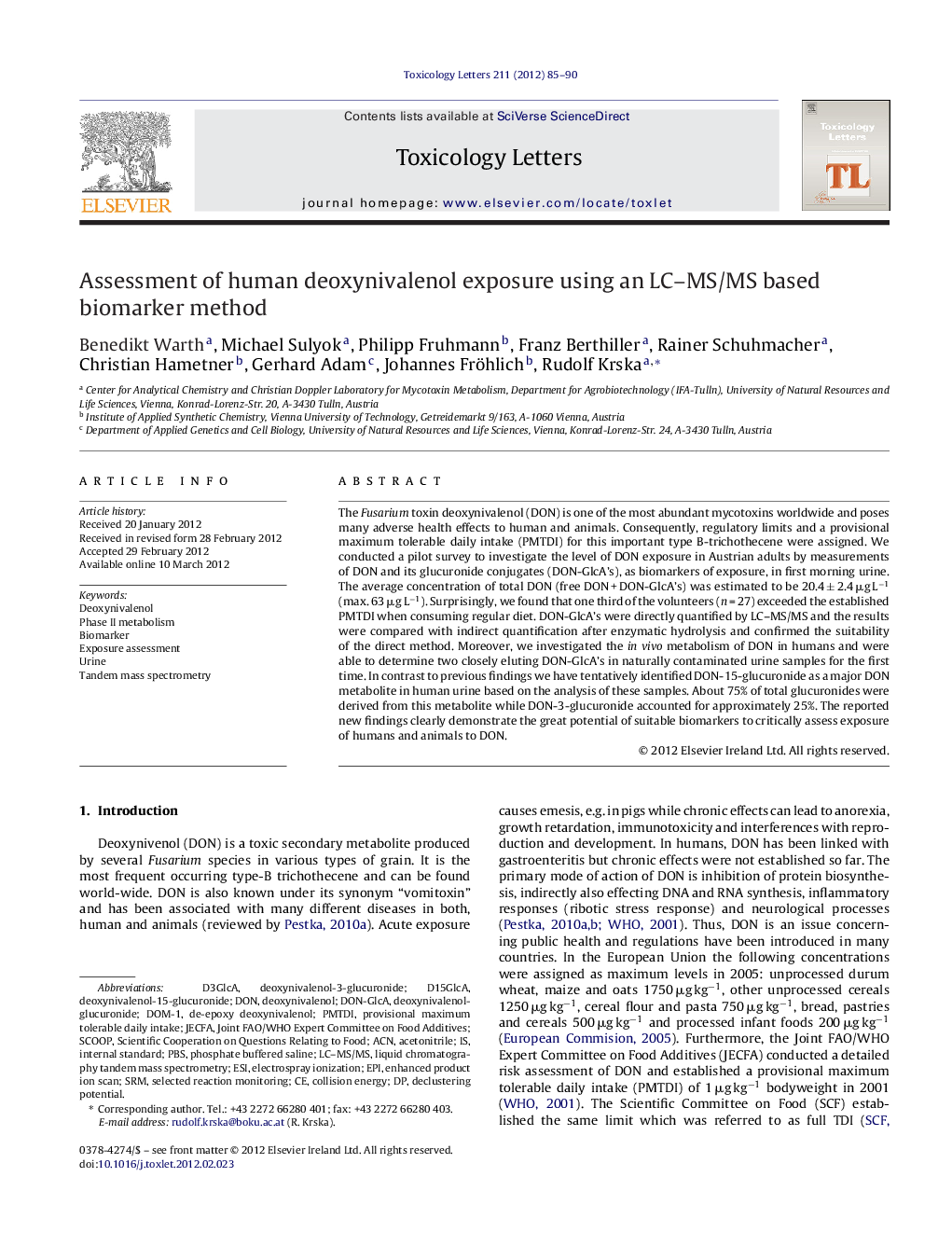 Assessment of human deoxynivalenol exposure using an LC-MS/MS based biomarker method