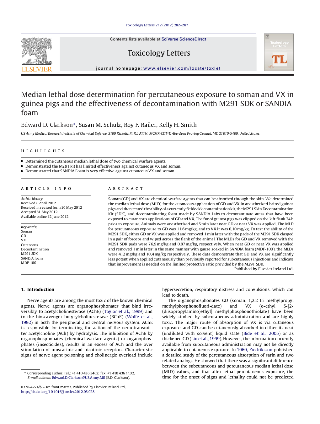 Median lethal dose determination for percutaneous exposure to soman and VX in guinea pigs and the effectiveness of decontamination with M291 SDK or SANDIA foam