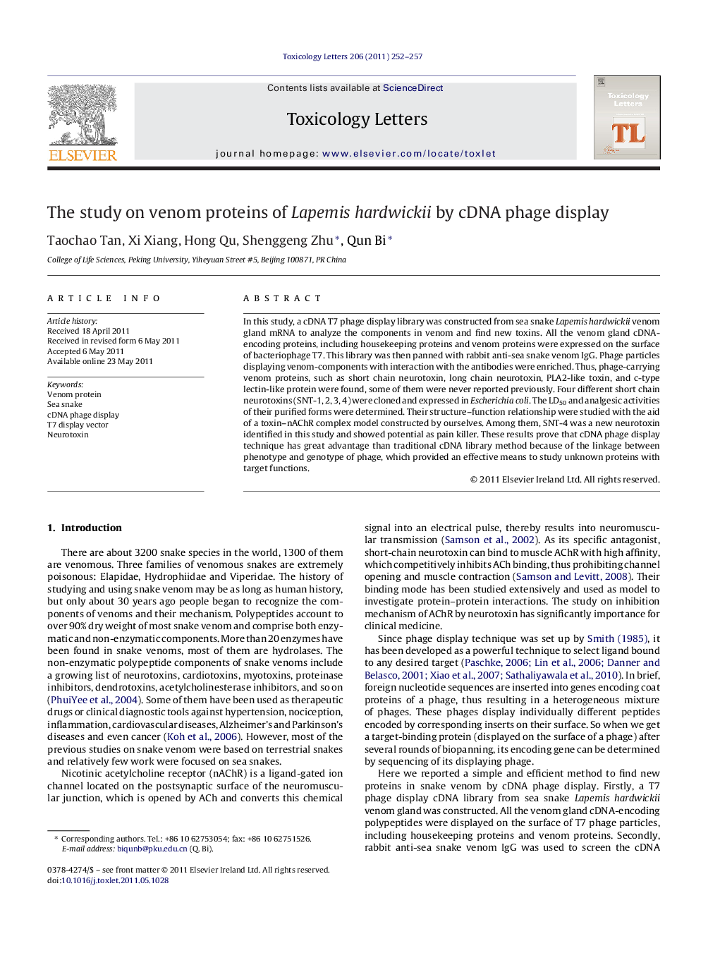 The study on venom proteins of Lapemis hardwickii by cDNA phage display