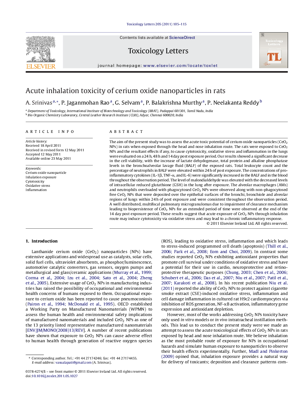 Acute inhalation toxicity of cerium oxide nanoparticles in rats