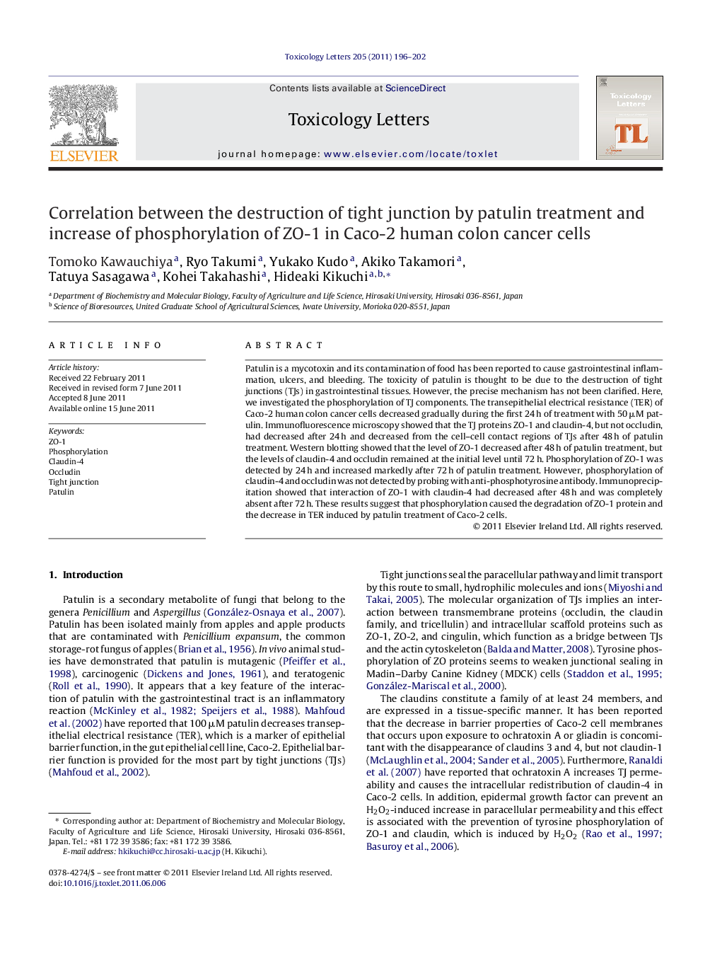 Correlation between the destruction of tight junction by patulin treatment and increase of phosphorylation of ZO-1 in Caco-2 human colon cancer cells