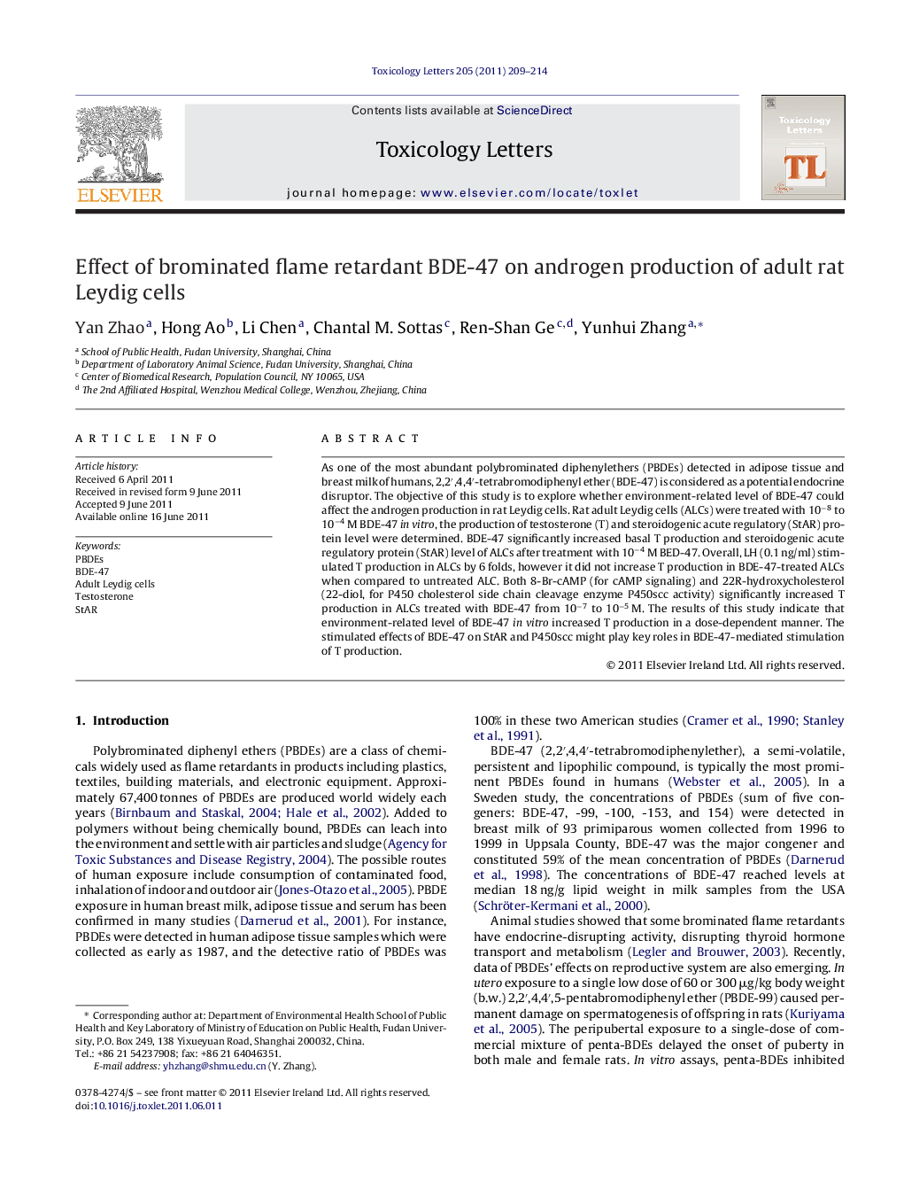 Effect of brominated flame retardant BDE-47 on androgen production of adult rat Leydig cells