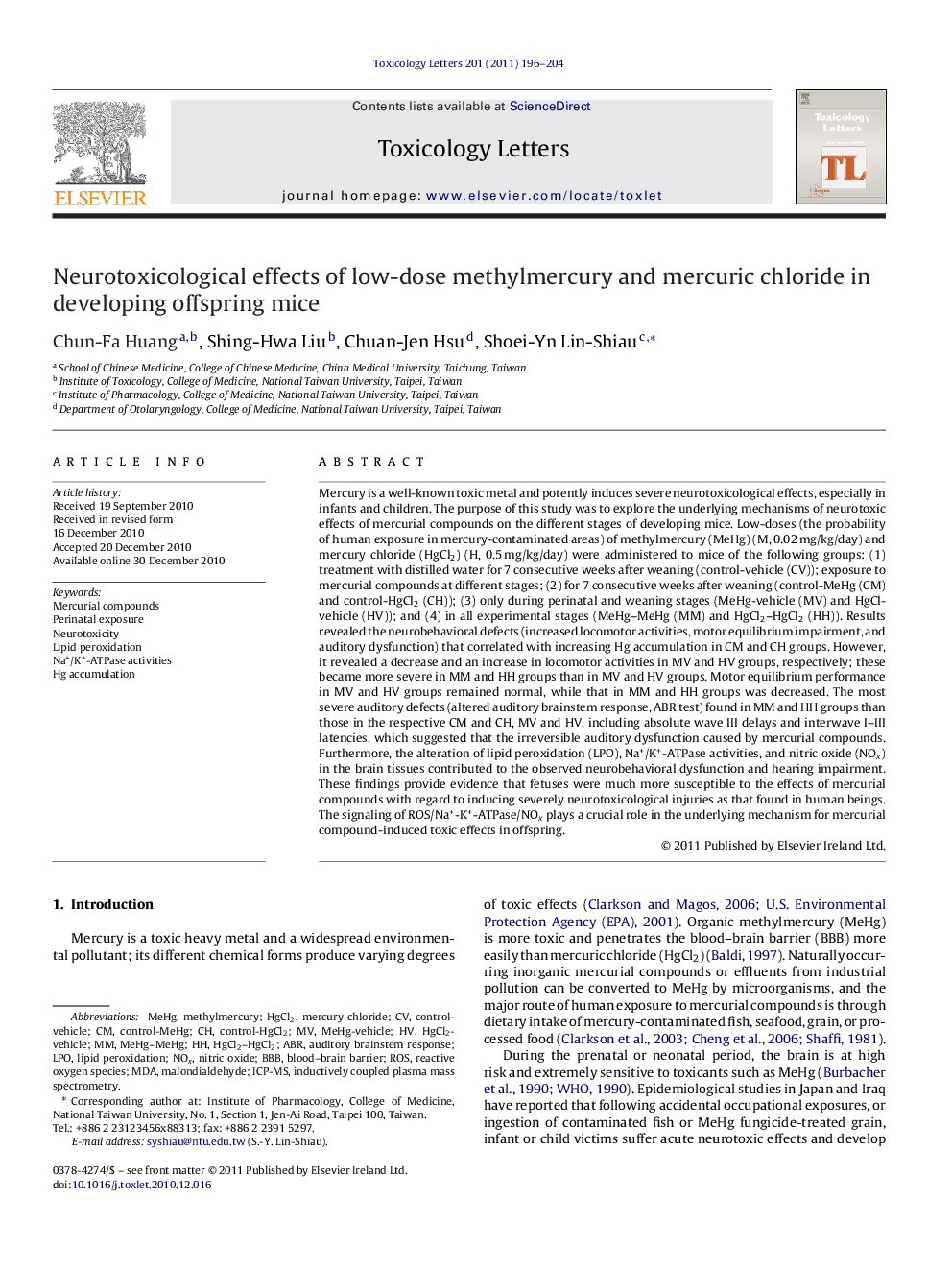 Neurotoxicological effects of low-dose methylmercury and mercuric chloride in developing offspring mice