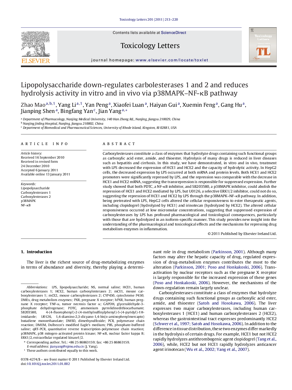 Lipopolysaccharide down-regulates carbolesterases 1 and 2 and reduces hydrolysis activity in vitro and in vivo via p38MAPK-NF-ÎºB pathway