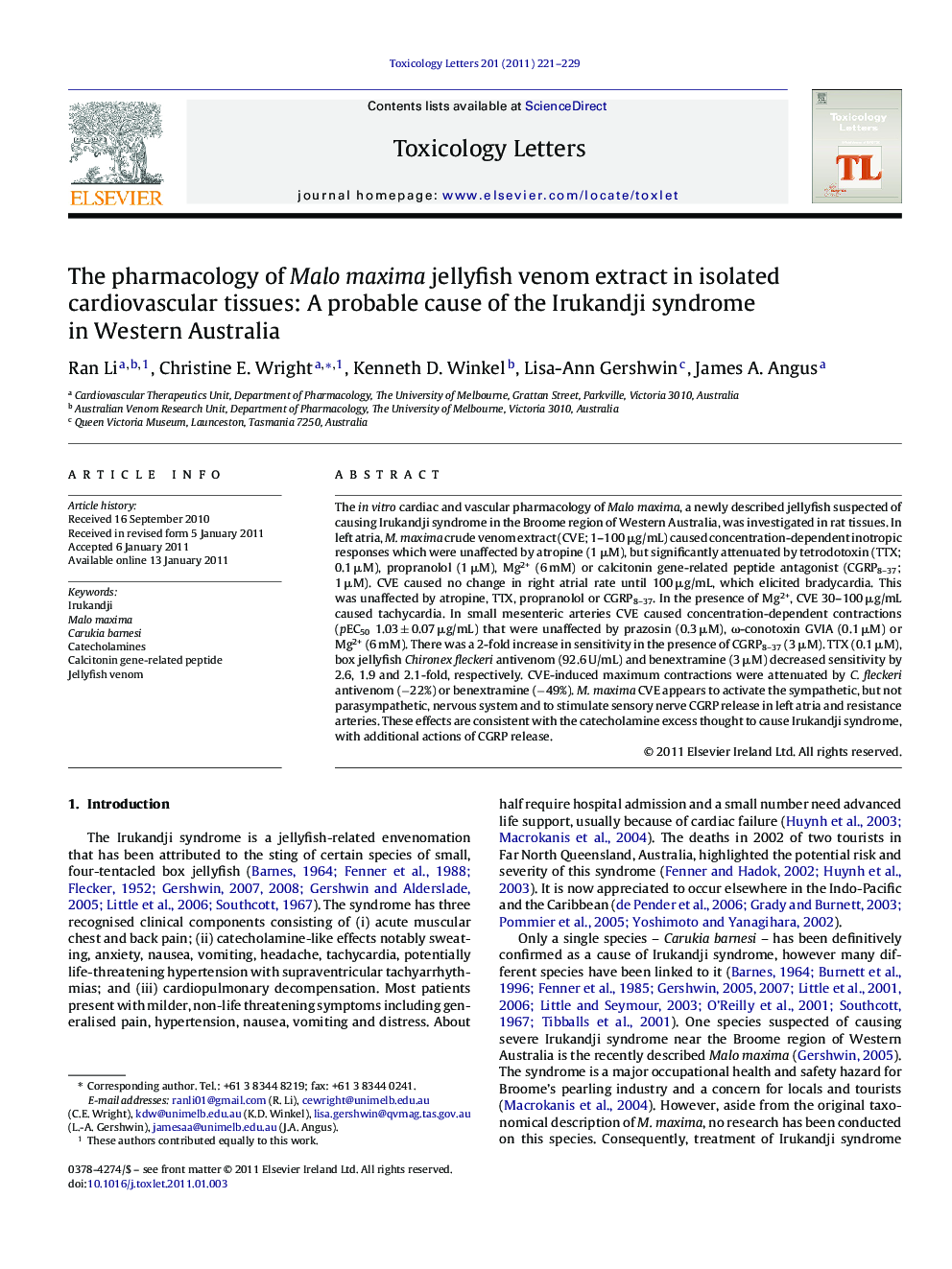 The pharmacology of Malo maxima jellyfish venom extract in isolated cardiovascular tissues: A probable cause of the Irukandji syndrome in Western Australia