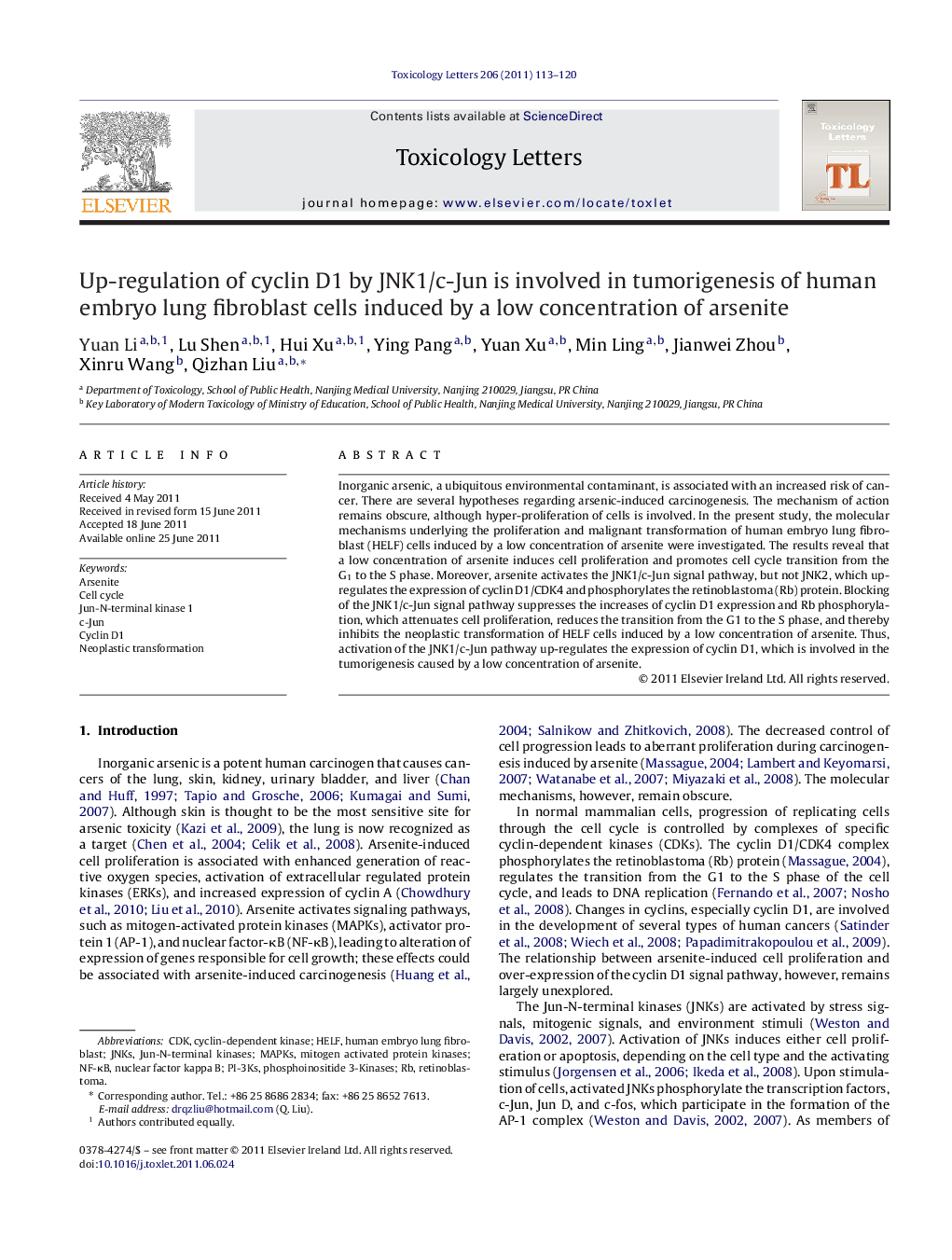 Up-regulation of cyclin D1 by JNK1/c-Jun is involved in tumorigenesis of human embryo lung fibroblast cells induced by a low concentration of arsenite