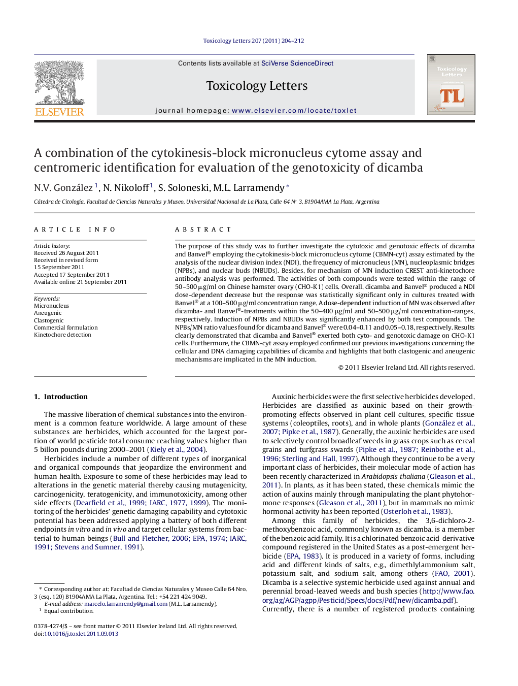 A combination of the cytokinesis-block micronucleus cytome assay and centromeric identification for evaluation of the genotoxicity of dicamba