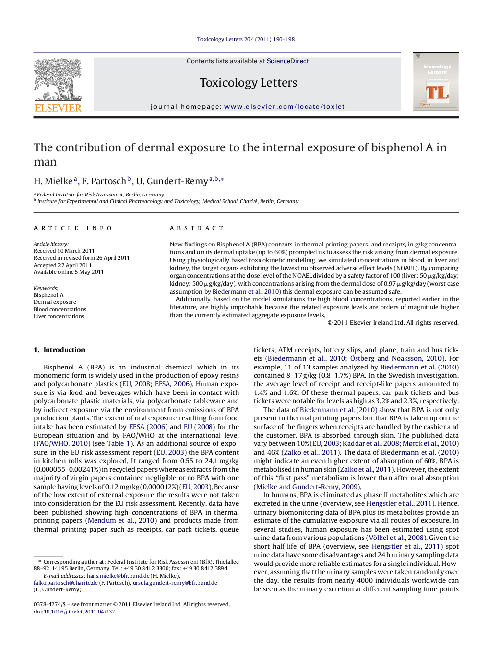 The contribution of dermal exposure to the internal exposure of bisphenol A in man