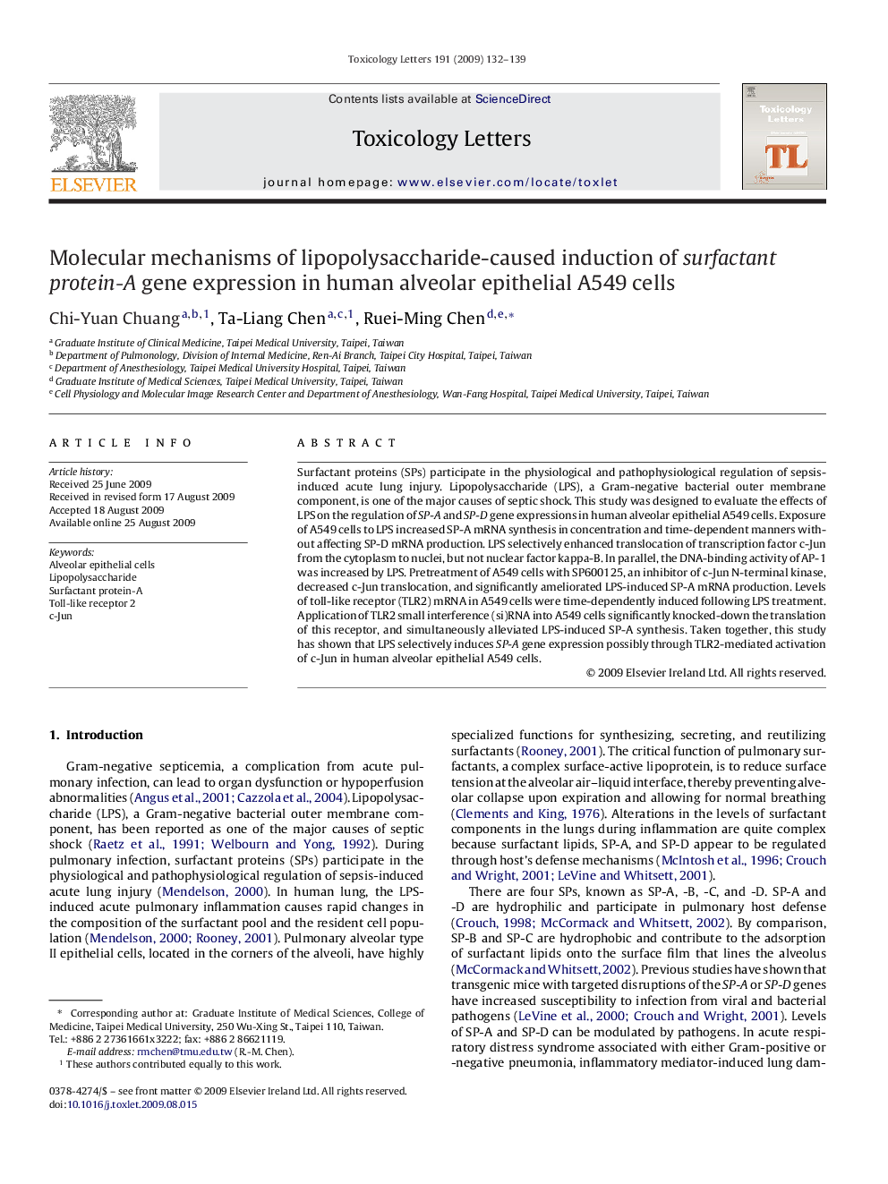 Molecular mechanisms of lipopolysaccharide-caused induction of surfactant protein-A gene expression in human alveolar epithelial A549 cells