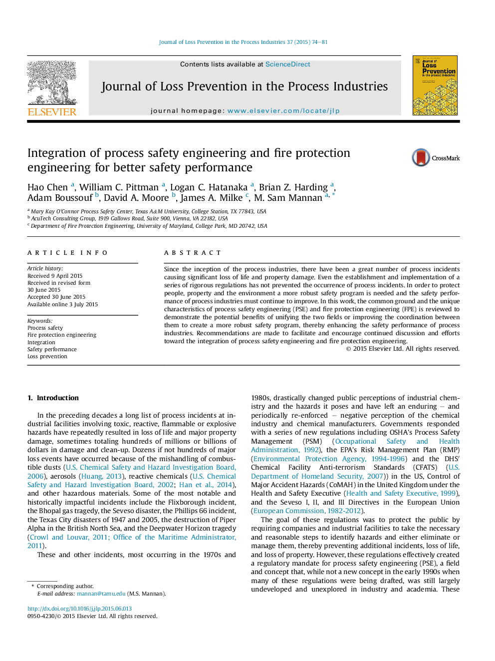 Integration of process safety engineering and fire protection engineering for better safety performance