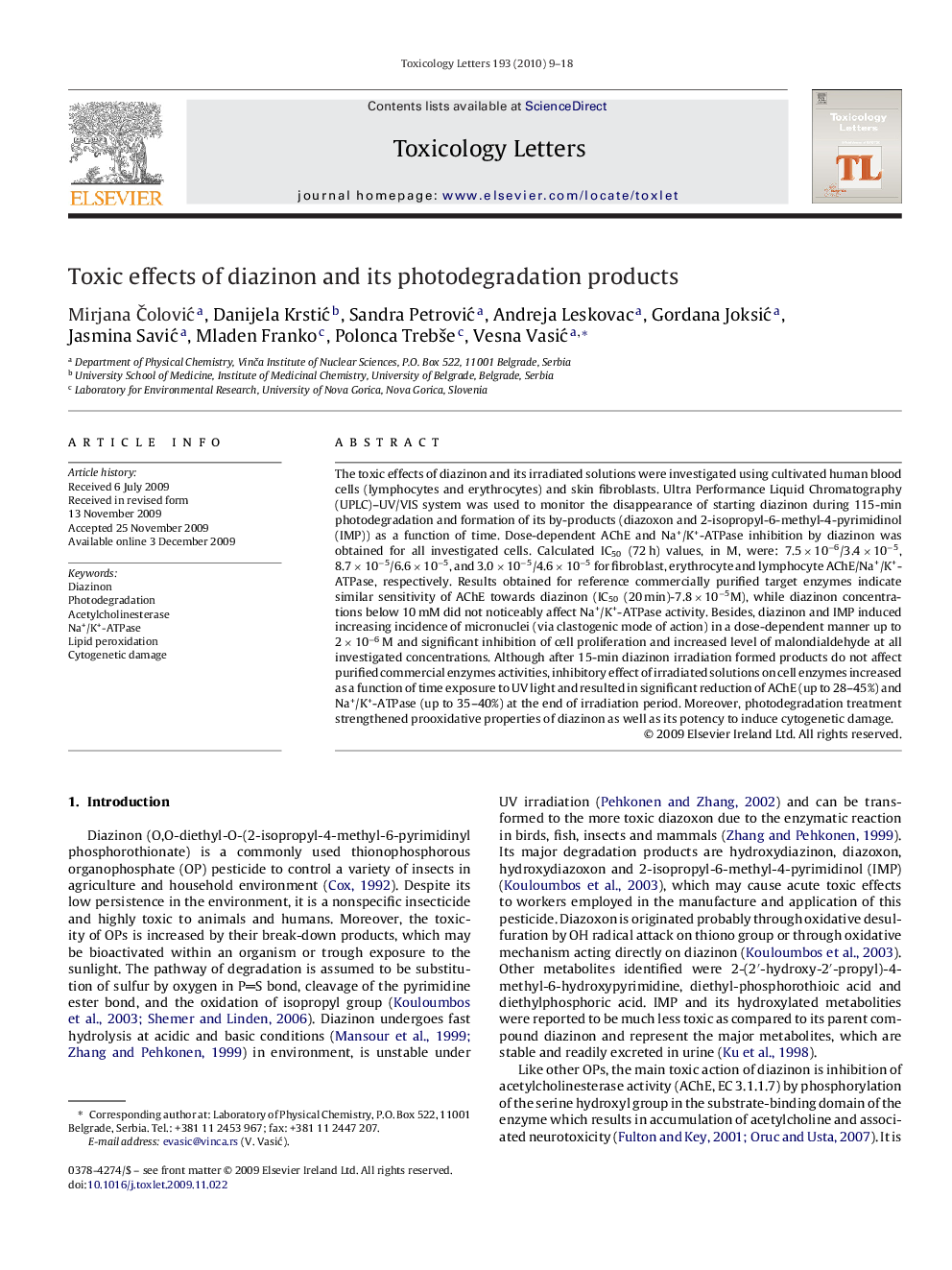 Toxic effects of diazinon and its photodegradation products