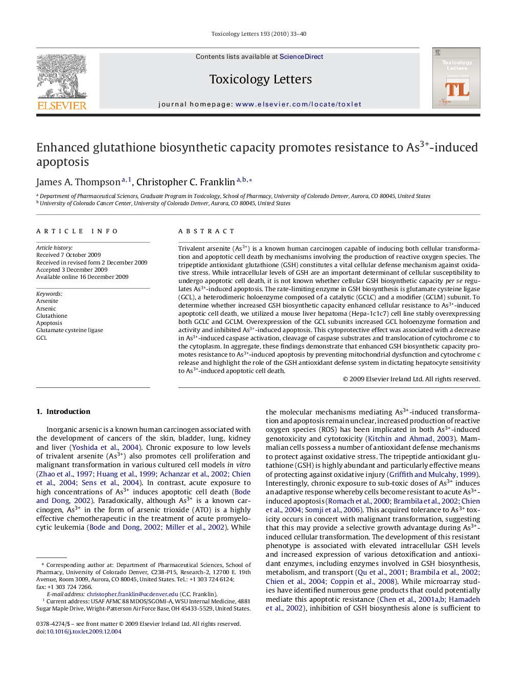 Enhanced glutathione biosynthetic capacity promotes resistance to As3+-induced apoptosis