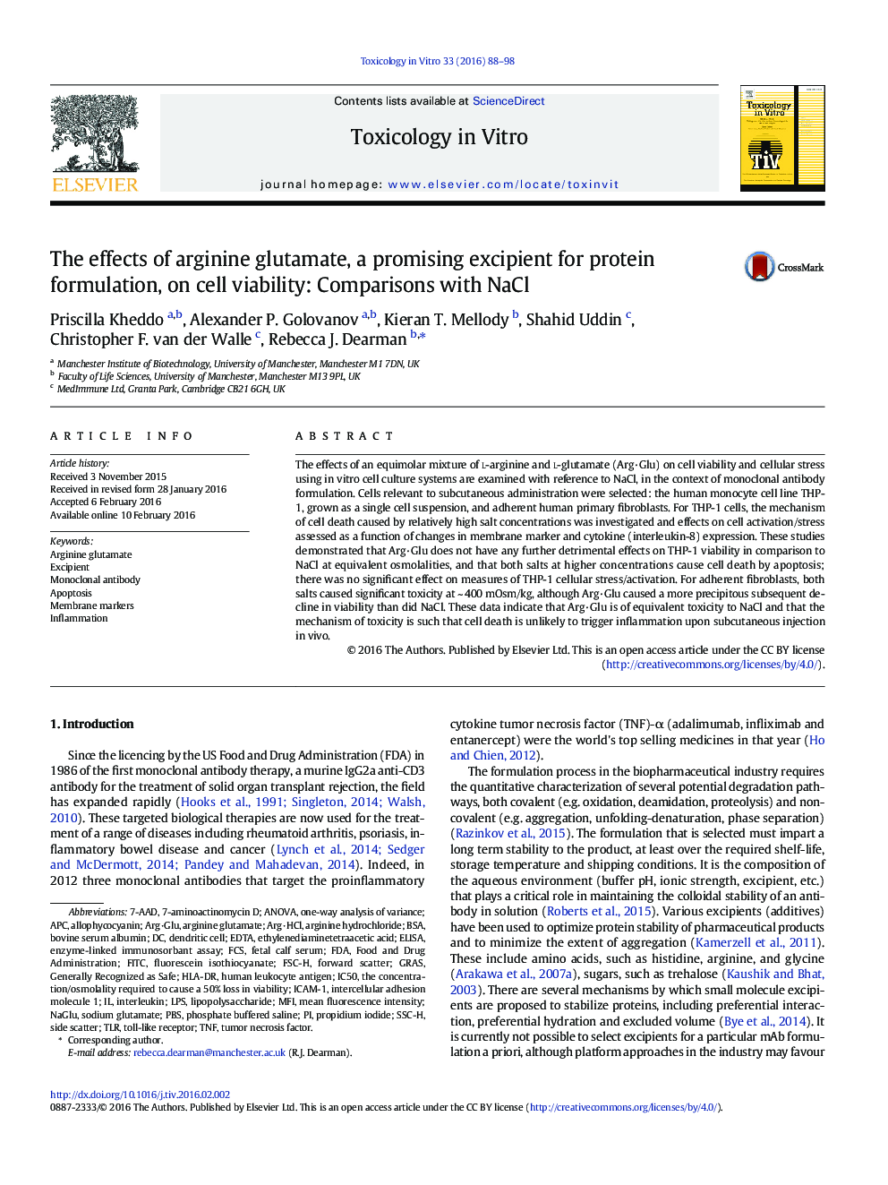 The effects of arginine glutamate, a promising excipient for protein formulation, on cell viability: Comparisons with NaCl